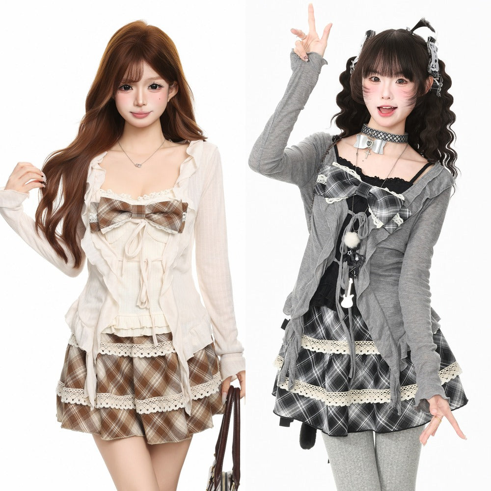 Young Eyes Light Retro Black Brown Plaid Cami Cardigan Skirt Three Piece Set