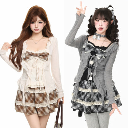Young Eyes Light Retro Black Brown Plaid Cami Cardigan Skirt Three Piece Set