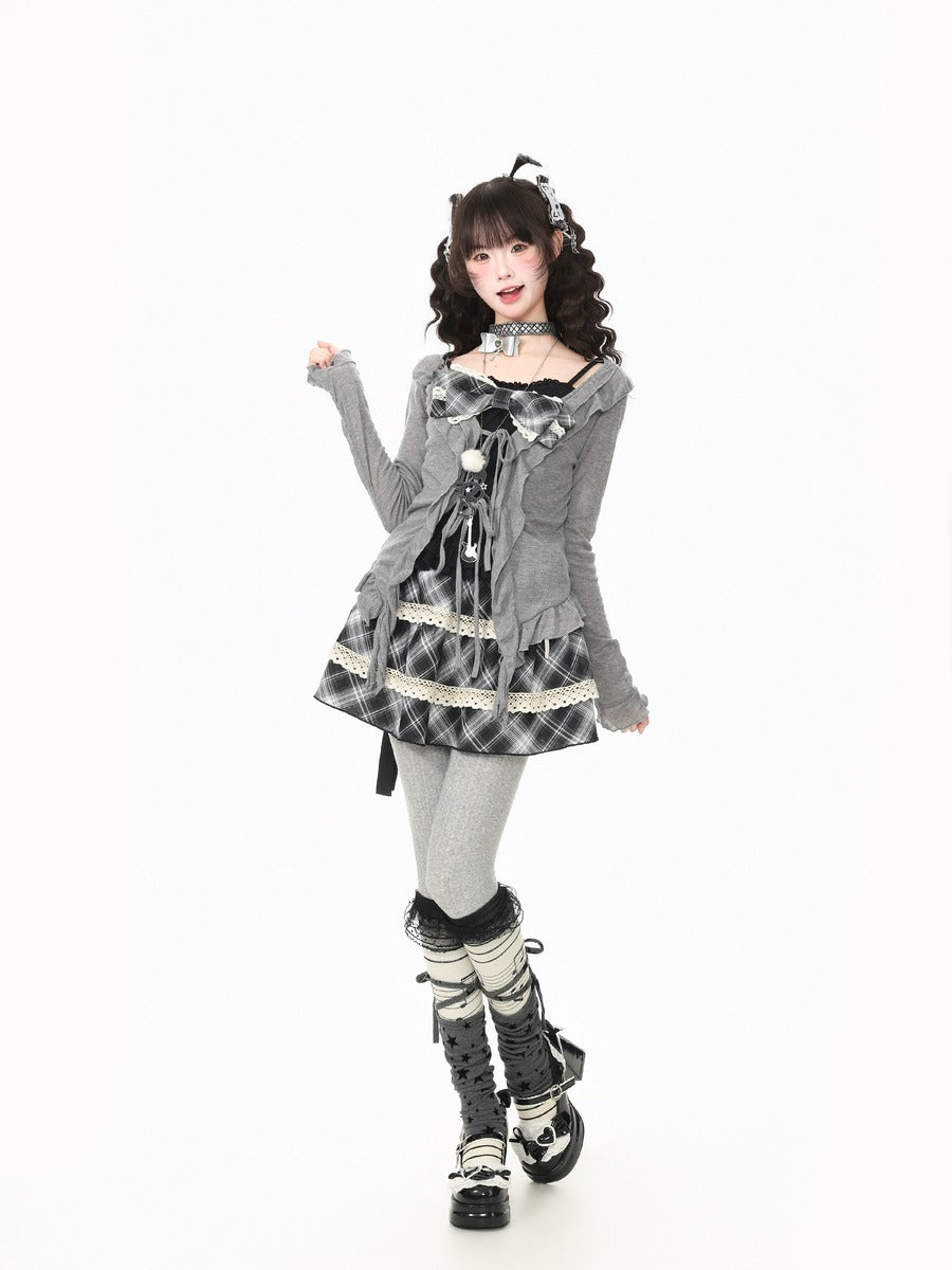 Young Eyes Light Retro Black Brown Plaid Cami Cardigan Skirt Three Piece Set
