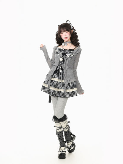 Young Eyes Light Retro Black Brown Plaid Cami Cardigan Skirt Three Piece Set