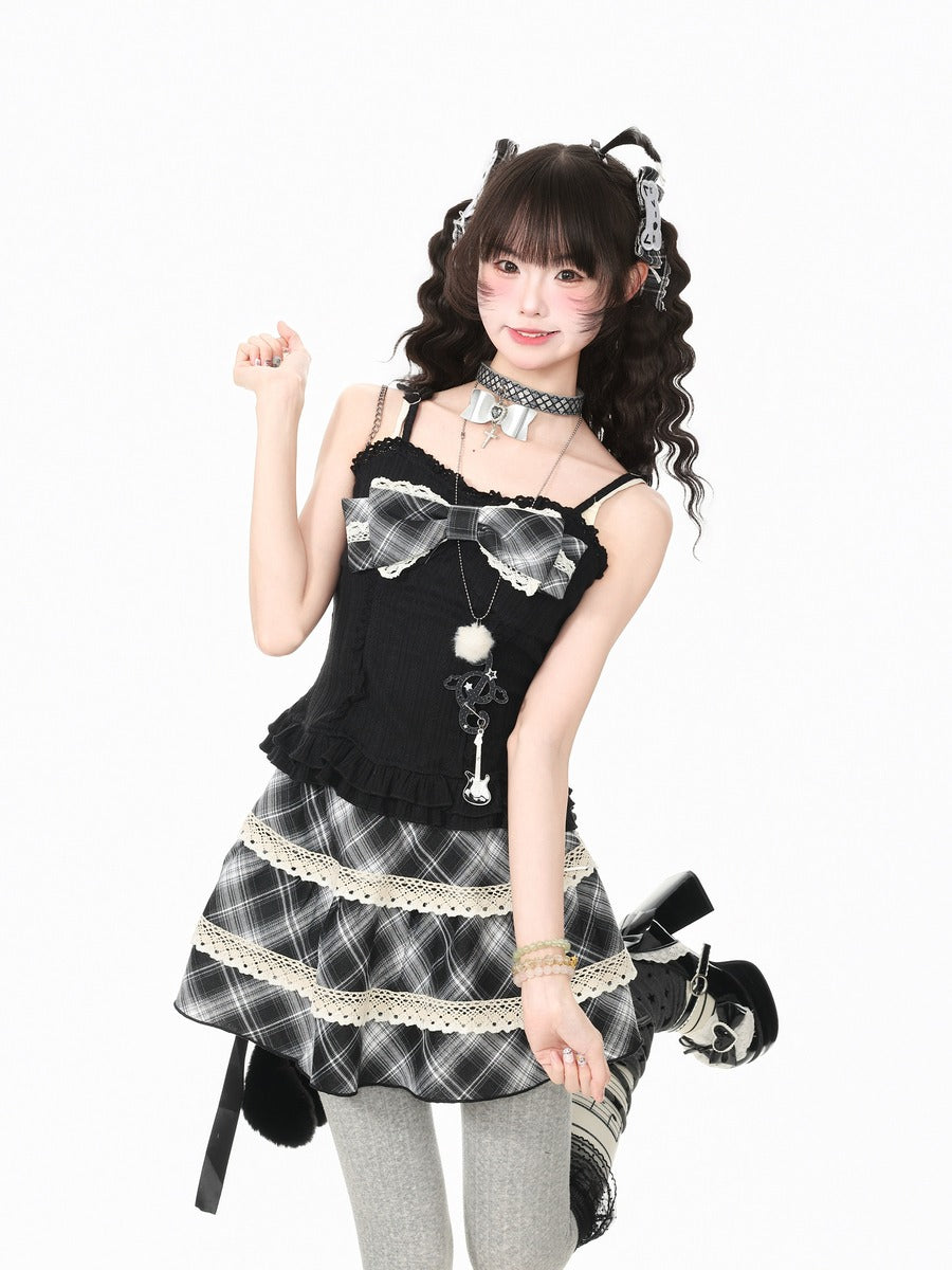Young Eyes Light Retro Black Brown Plaid Cami Cardigan Skirt Three Piece Set