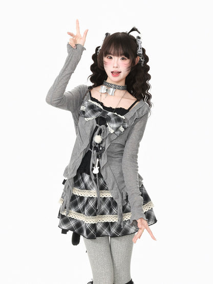 Young Eyes Light Retro Black Brown Plaid Cami Cardigan Skirt Three Piece Set