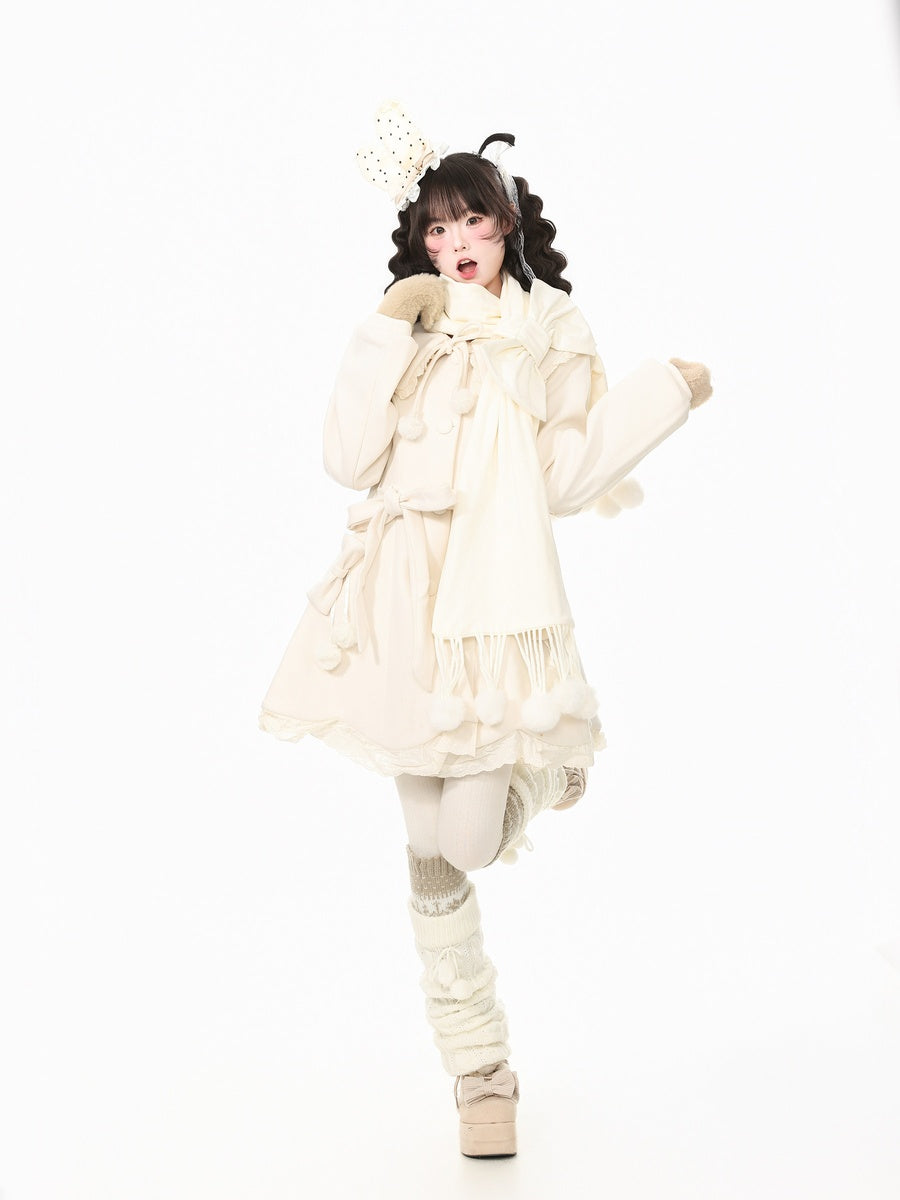 A model wearing a cream-colored Lolita-style outfit, featuring a long-sleeve dress with a large bow, a matching scarf, a decorative headband, and tall knit boot covers, posed against a solid white background.