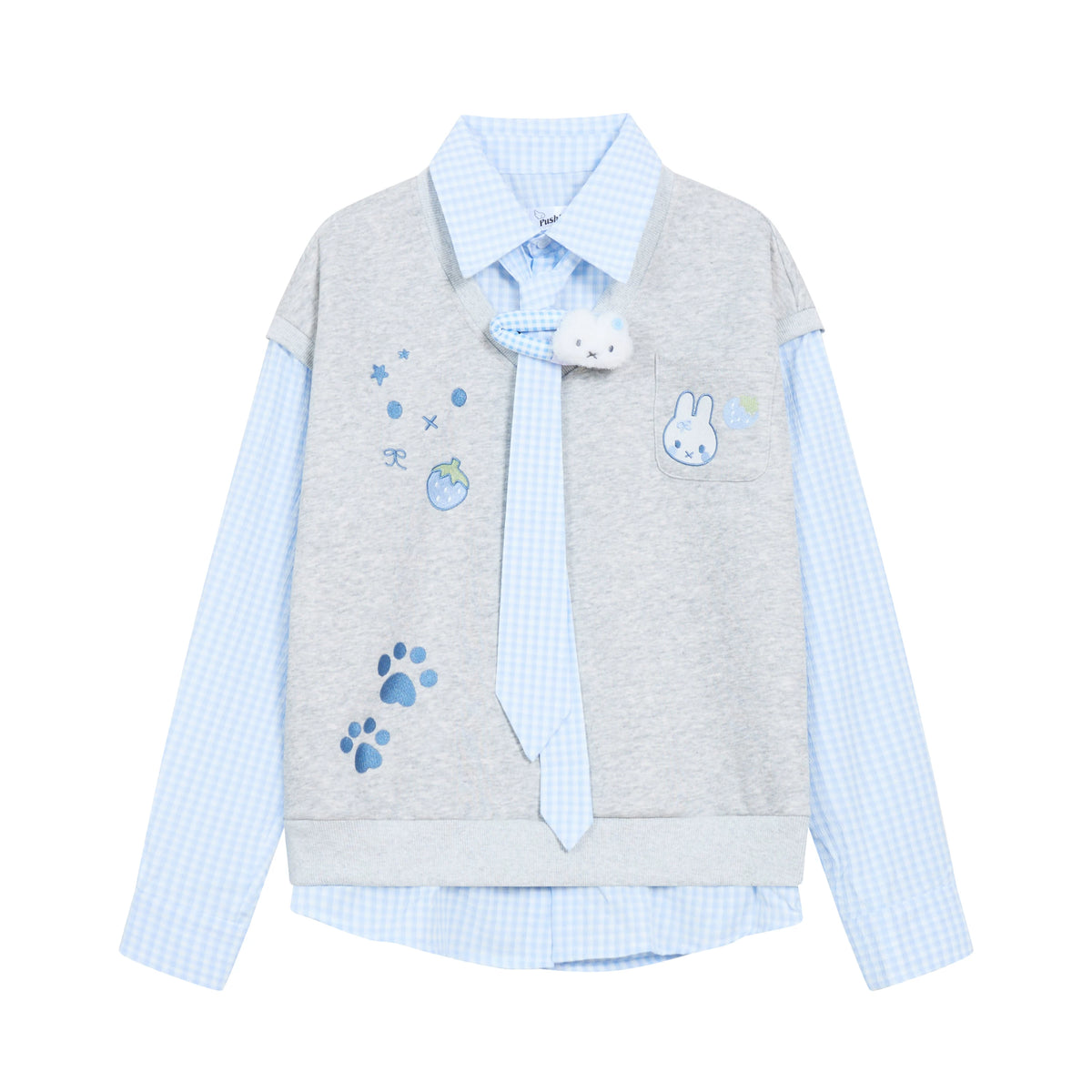 A light gray long-sleeve vest styled over a light blue and white gingham collared shirt, accessorized with a matching light blue tie, a small plush bunny, and blue graphic details including paw prints and a rabbit patch.