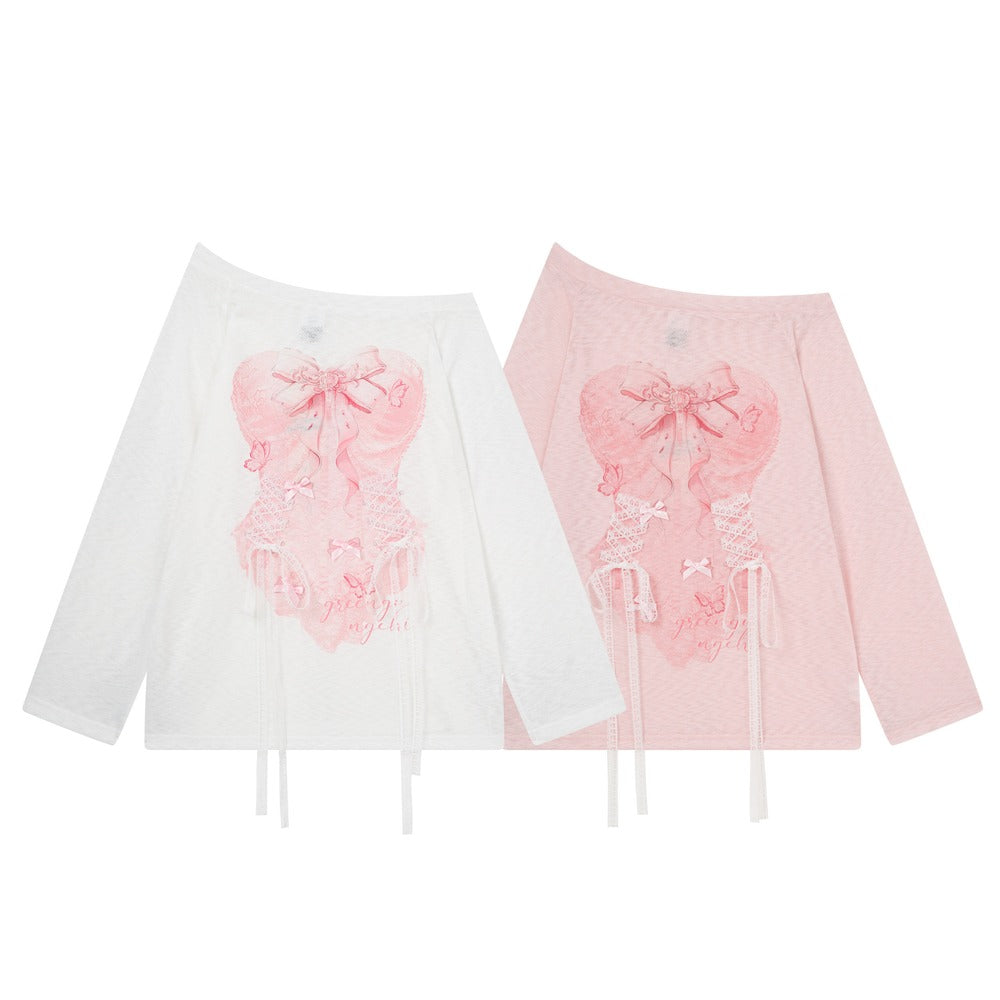 Two long-sleeve off-the-shoulder tops displayed side by side on a white background. The left top is white with a pink lace applique design on the front.