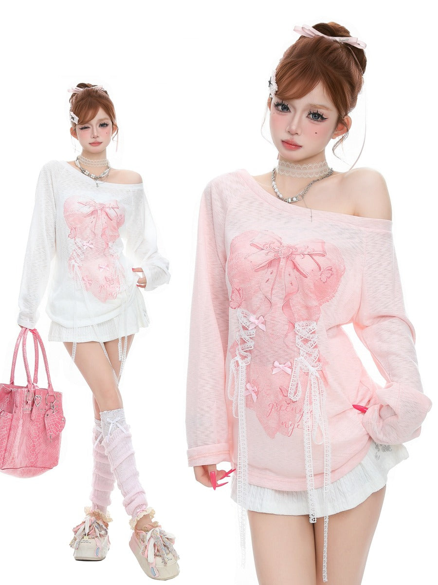 A fashion model shown twice against a white studio background, wearing a pale pink off-the-shoulder long-sleeve top with a large pink bow and lace-up corset-style detail, paired with a white mini skirt. The left inset shows the full outfit with a pink handbag and knee-high socks; the right main view is a closer crop of the top and lower body.