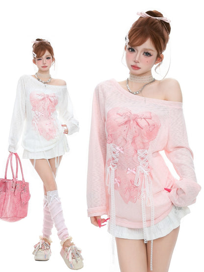 A fashion model shown twice against a white studio background, wearing a pale pink off-the-shoulder long-sleeve top with a large pink bow and lace-up corset-style detail, paired with a white mini skirt. The left inset shows the full outfit with a pink handbag and knee-high socks; the right main view is a closer crop of the top and lower body.
