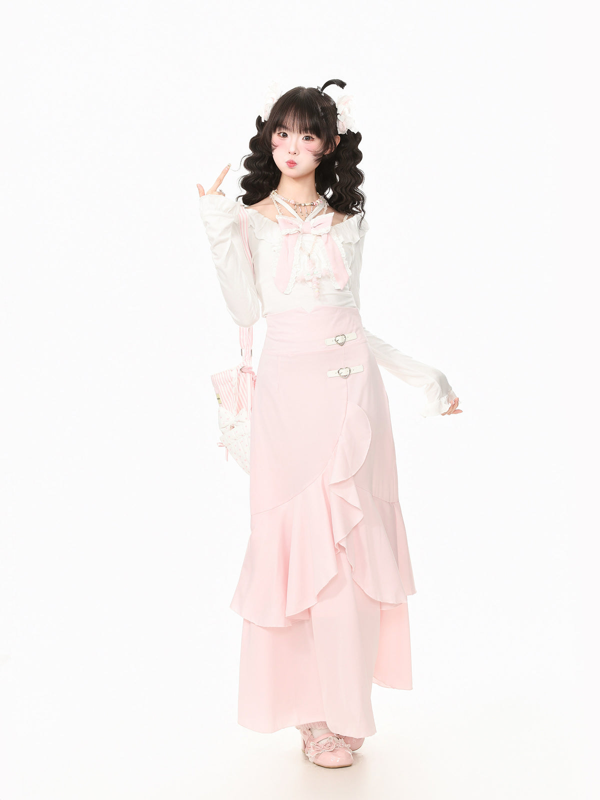 Young Eyes Pink Fairy White Blouse Mermaid Skirt Two Piece Set