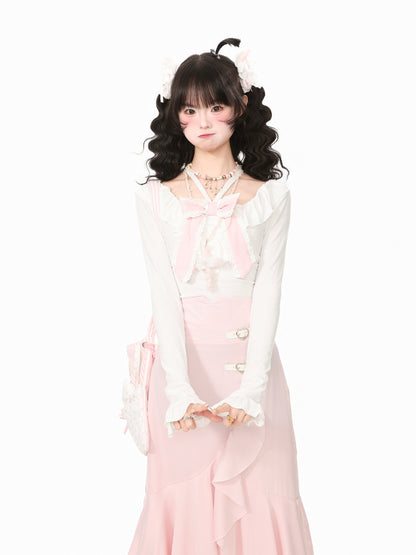Young Eyes Pink Fairy White Blouse Mermaid Skirt Two Piece Set