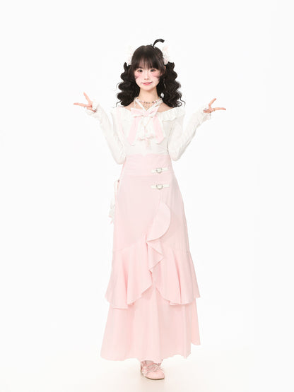 Young Eyes Pink Fairy White Blouse Mermaid Skirt Two Piece Set