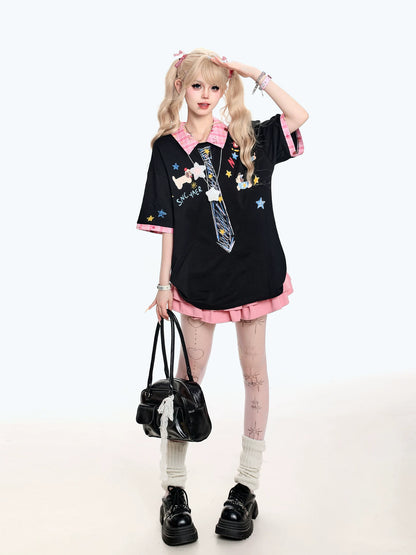Person wearing a black dress with pink accents and star designs on a white background