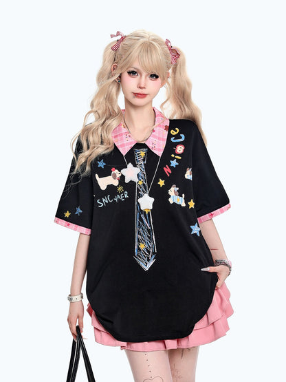 Person wearing a black shirt with colorful designs and pink skirt on a white background