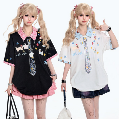 Two people wearing matching outfits with ties and skirts on a white background