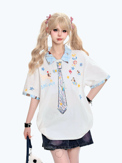 Person wearing a white shirt with colorful designs and a denim skirt on a white background