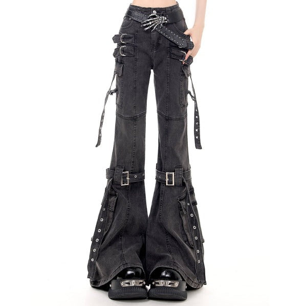 Young Eyes Punk Straps Black Flared Jeans