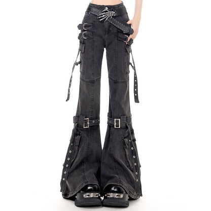 Young Eyes Punk Straps Black Flared Jeans