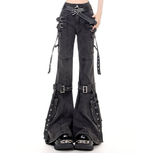 Young Eyes Punk Straps Black Flared Jeans