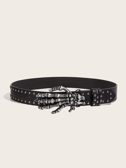 Black belt with skeleton hand design on a white background