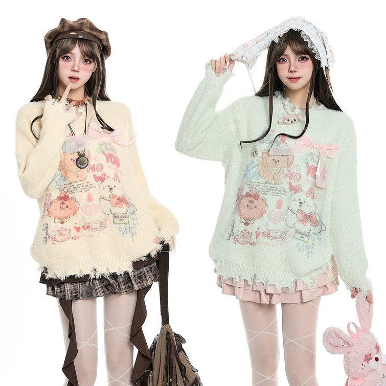 Two models posing in cute, pastel-colored sweaters with cartoon bear prints, styled with pleated skirts, patterned tights, and platform boots against a white background.