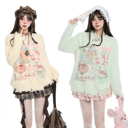 Two models posing in cute, pastel-colored sweaters with cartoon bear prints, styled with pleated skirts, patterned tights, and platform boots against a white background.