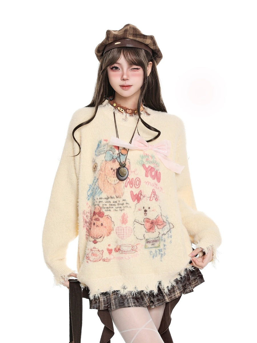 A model wearing a cream-colored fuzzy sweater with a colorful cartoon bear graphic and a pink bow detail, styled with a brown plaid beret, layered necklaces, and a plaid skirt against a plain white background.