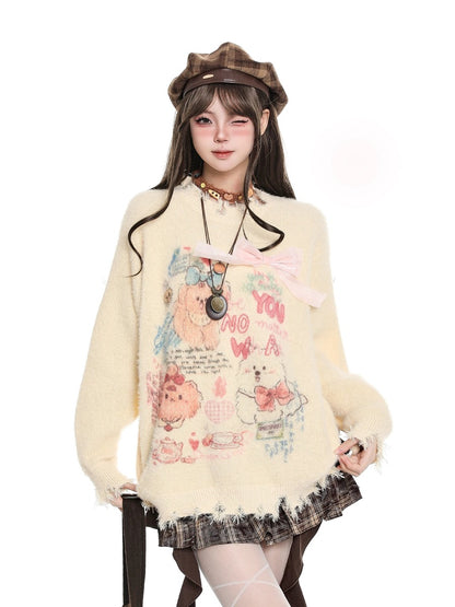 A model wearing a cream-colored fuzzy sweater with a colorful cartoon bear graphic and a pink bow detail, styled with a brown plaid beret, layered necklaces, and a plaid skirt against a plain white background.
