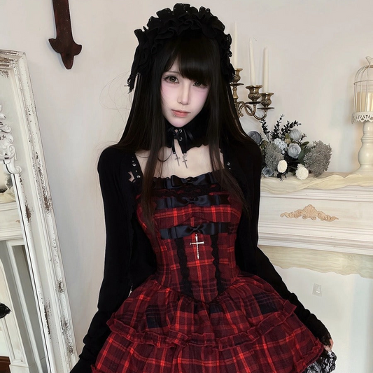 Young Eyes Red Tears Plaid Dress Black Cardigan Two Piece Set