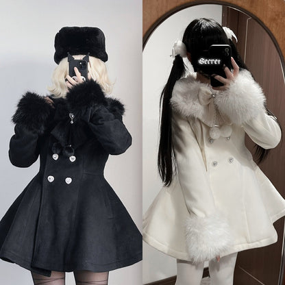 A split-screen comparison showing a person wearing a black faux-fur double-breasted coat with a black hat on the left, and wearing a cream/off-white version of the same coat in front of a mirror on the right.