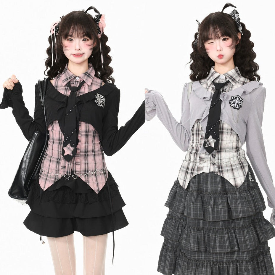 Two models wearing gothic Lolita school uniform outfits against a plain white background. The outfit on the left features a black long-sleeve cardigan, a pink plaid corset vest, a black pleated skirt, and a black bow.