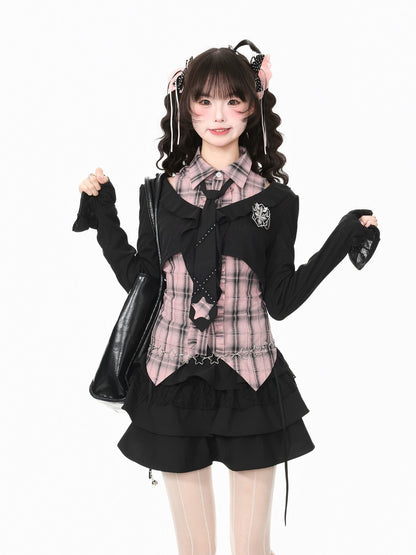Young Eyes Star Idol Pink Gray Plaid Vest Tie Cardigan Skirt Three Piece Set