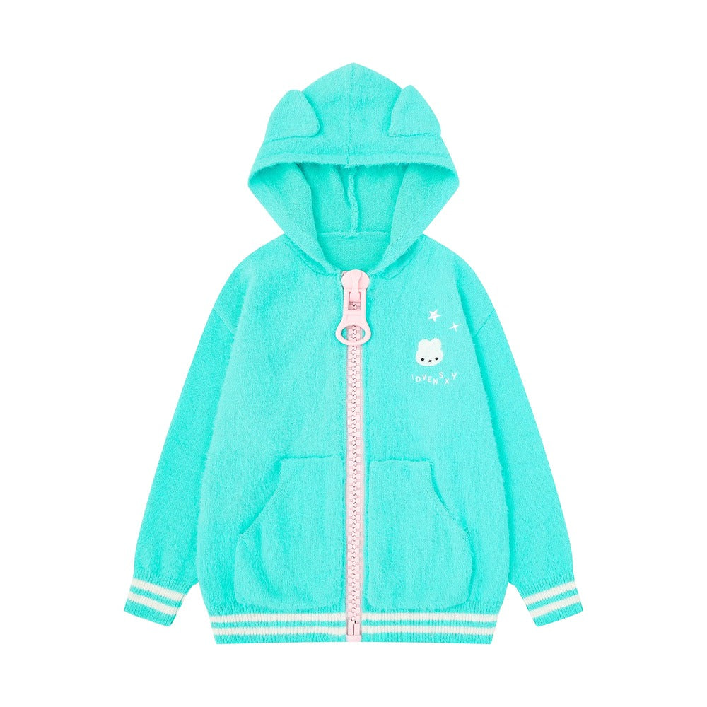 A turquoise fleece zip-up hoodie with a cute cartoon bunny graphic on the left chest, featuring a pink zipper pull, front pockets, and striped cuffs and hem.