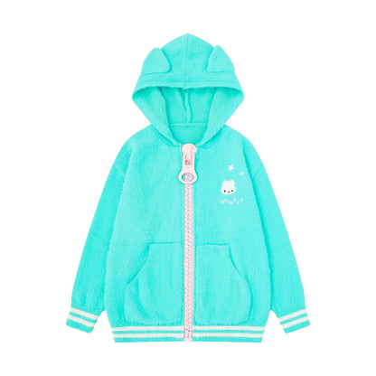 A turquoise fleece zip-up hoodie with a cute cartoon bunny graphic on the left chest, featuring a pink zipper pull, front pockets, and striped cuffs and hem.