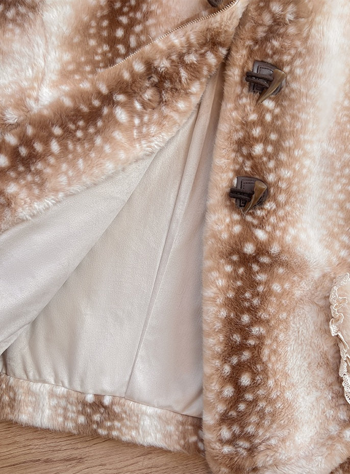 Close-up of a fur coat with a patterned interior lining.