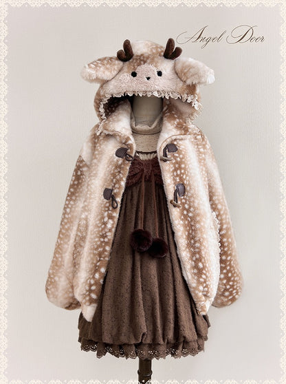 Deer-themed coat with hood and skirt on a light gray background
