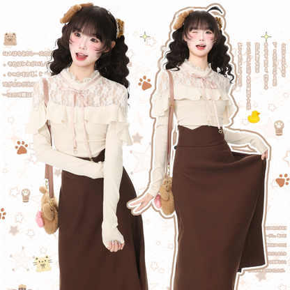 Young Eyes Fall Lady Beige Blouse Maxi Brown Skirt Two Piece Set