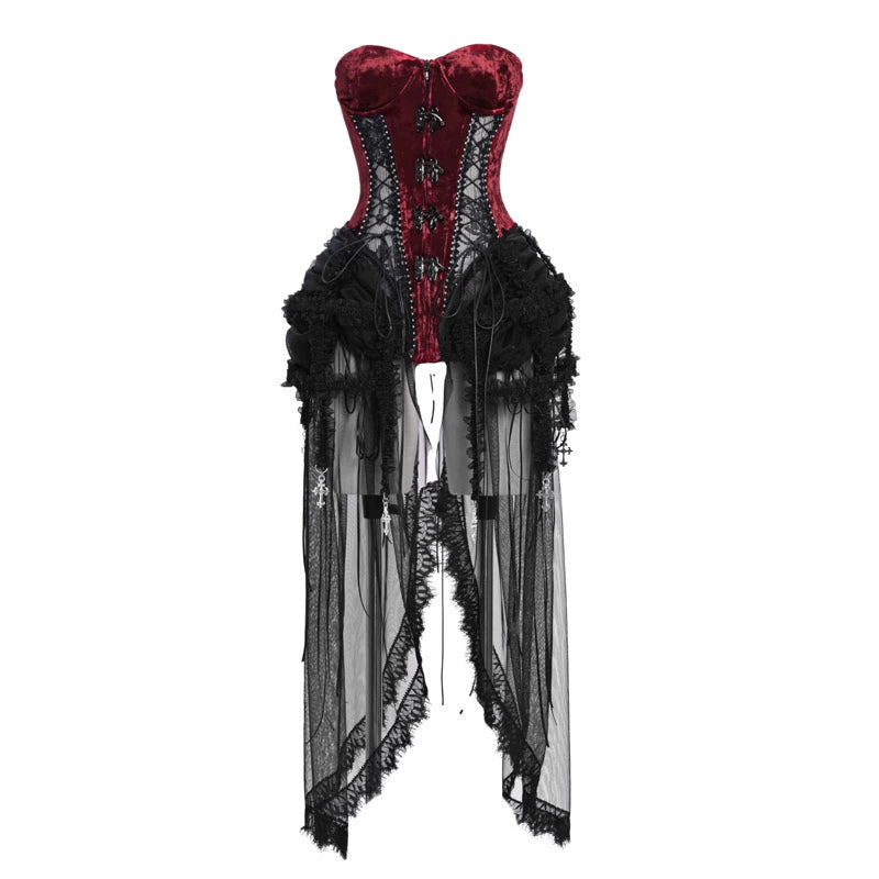 Gothic-style corset with red top and black skirt on a white background