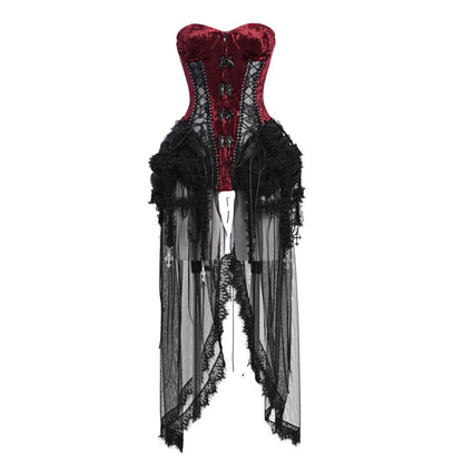 Gothic-style corset with red top and black skirt on a white background