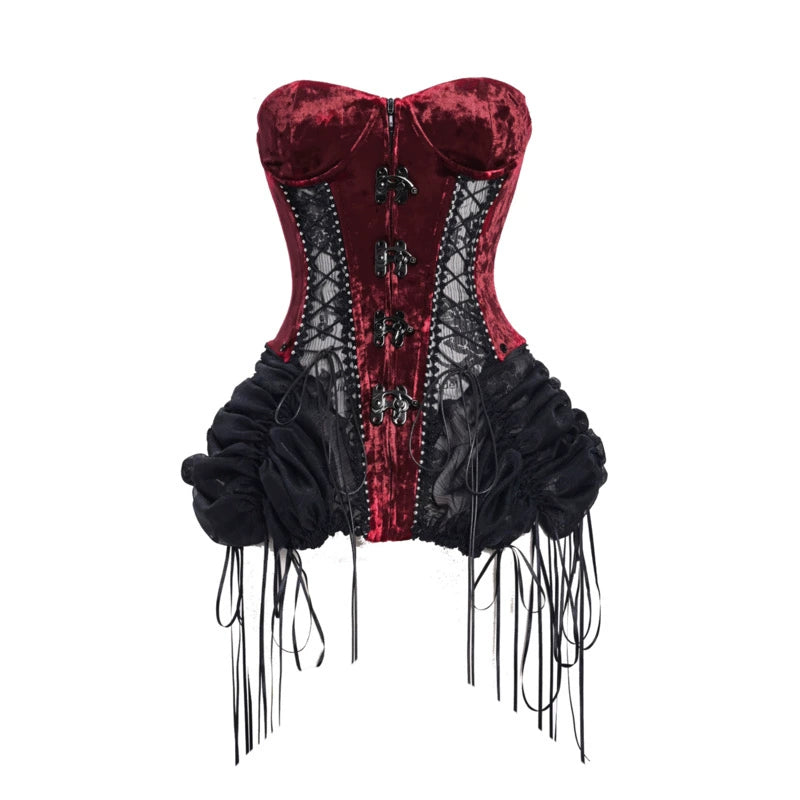 Red and black corset with fringes on a white background