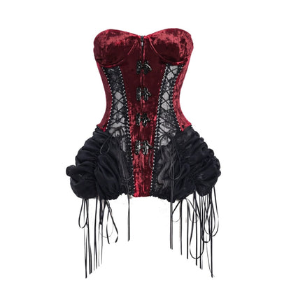 Red and black corset with fringes on a white background