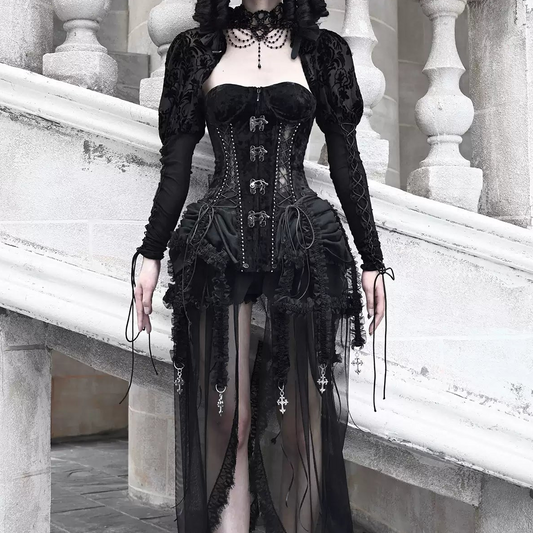 Blood Supply Hell Alice Halloween Black Red Corset Top & Shorts Four Piece Set