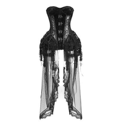 Black lace corset with sheer overlay on a white background