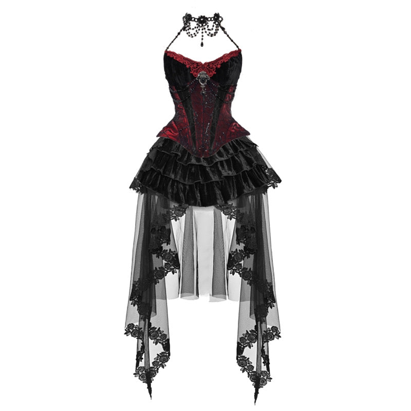Gothic-style dress with red top and black skirt on a white background