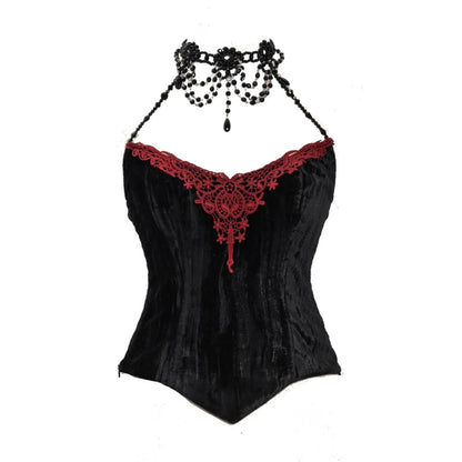 Black corset with red lace detailing and a matching necklace on a white background