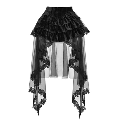 Black tiered skirt with sheer overlay and floral embroidery on a white background