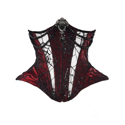 Red and black corset with intricate design on a white background