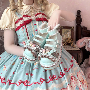 Person wearing a detailed dress with a red bow and lace accents, standing in a room with a bed and framed picture.