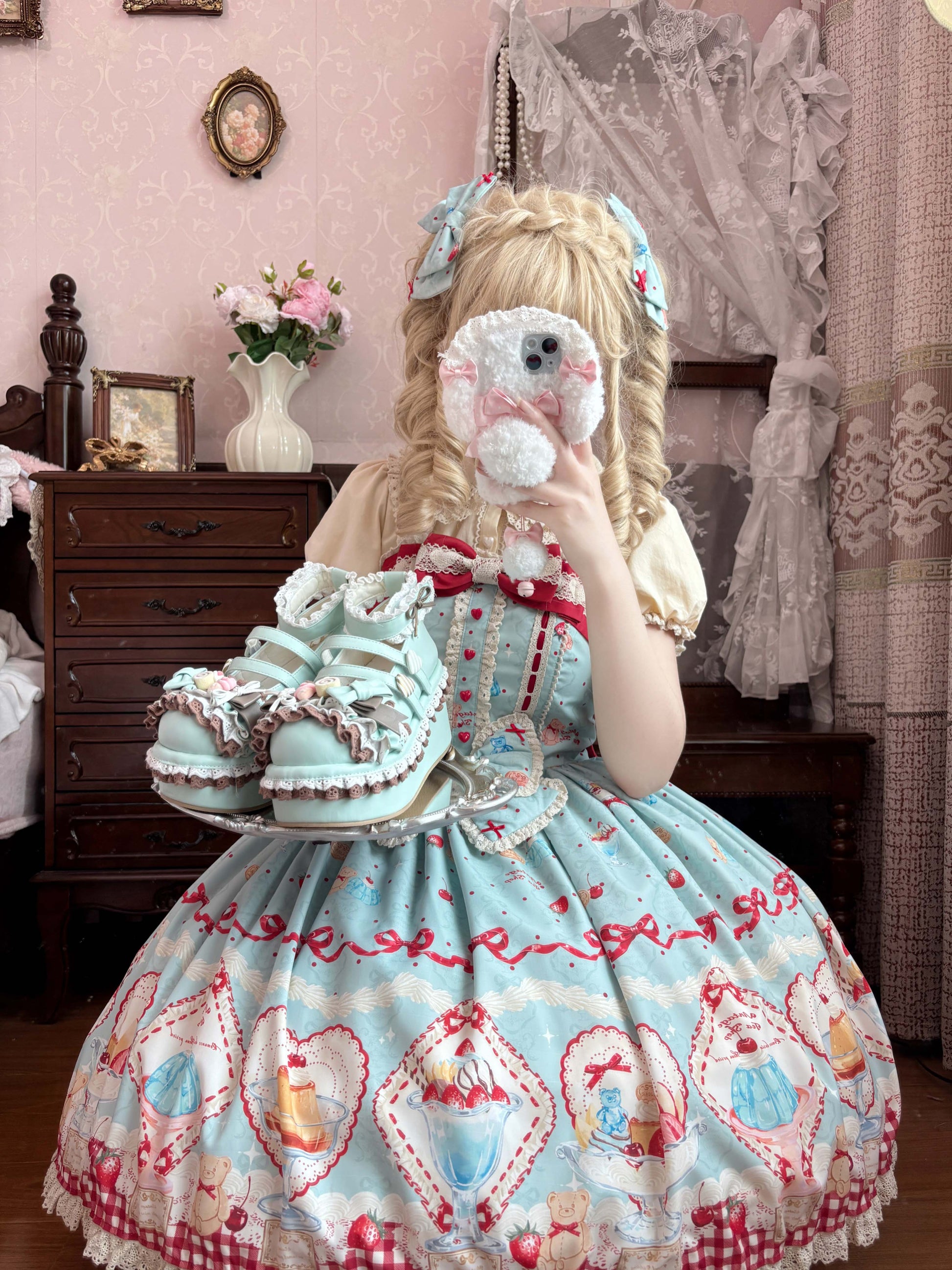 Person wearing a detailed dress with a lace headband in a vintage-style room.