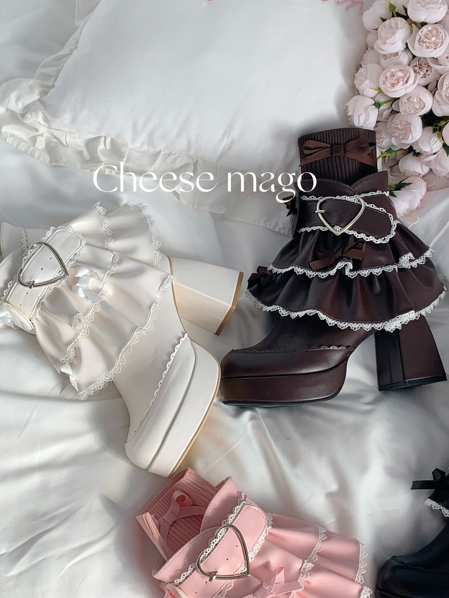 Pair of ruffled shoes on a white surface with 'Cheese mago' branding.
