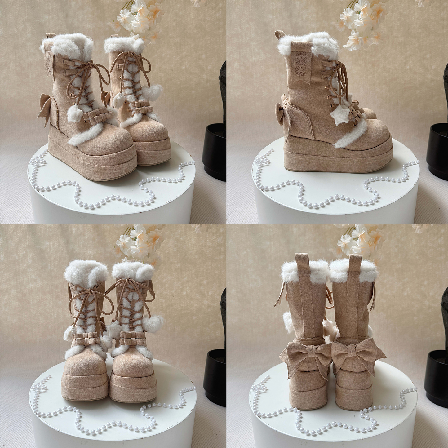Collage of beige winter boots with white fur and brown laces on a decorative stand.