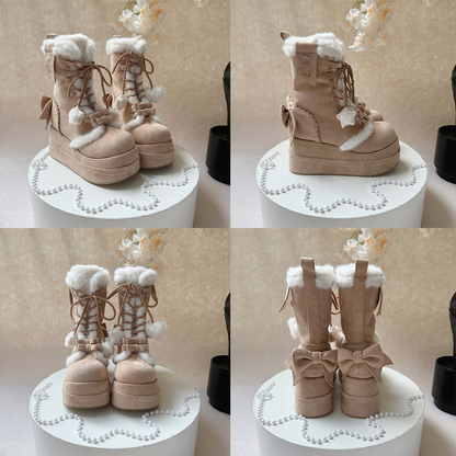 Collage of beige winter boots with white fur and brown laces on a decorative stand.